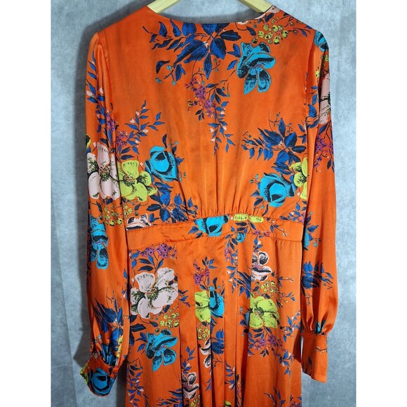 Free People Maxi Dress Sz L Orange Floral Wrap Bodice Side Button Front Boho - Picture 10 of 12